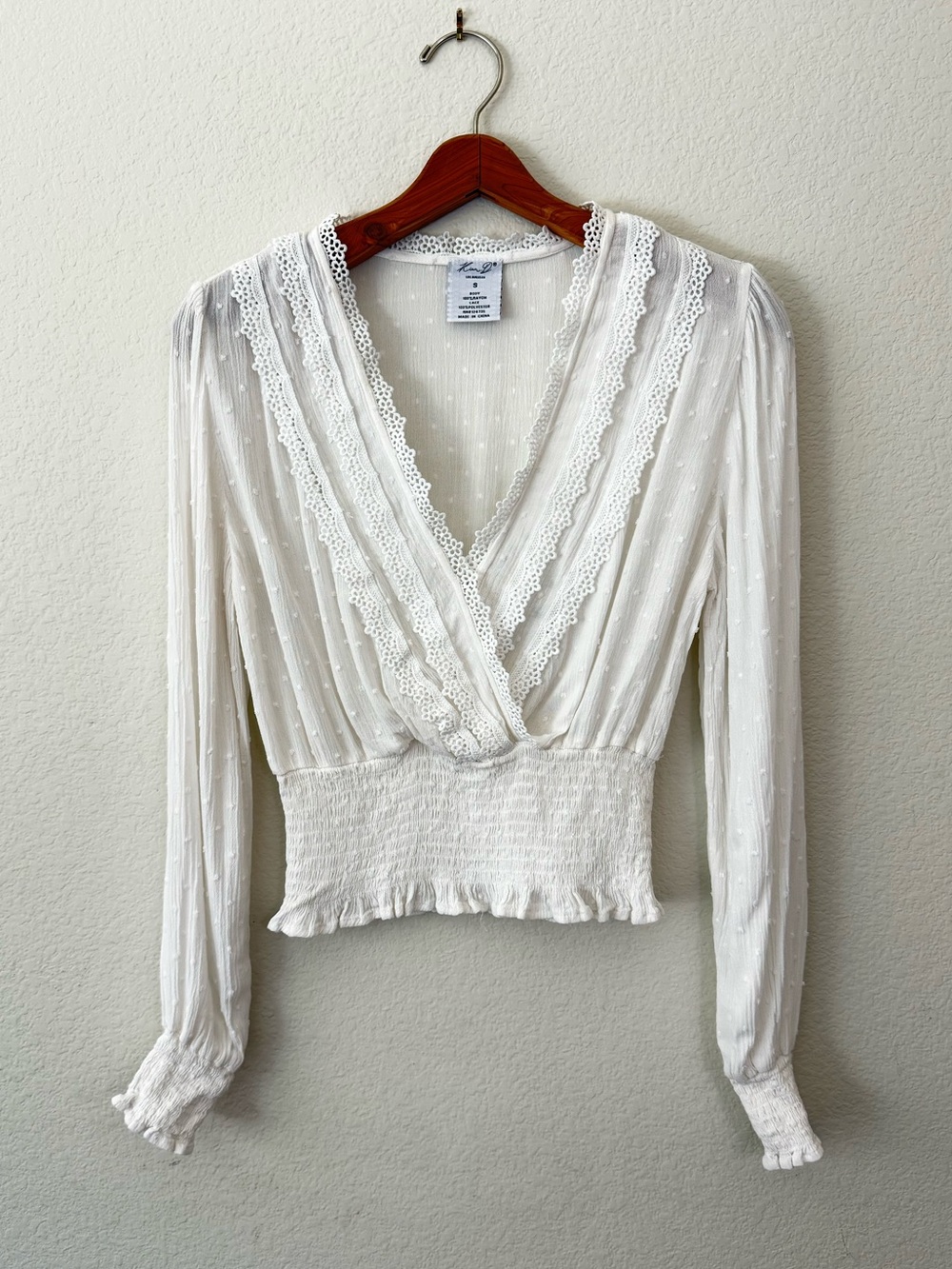 Kian D. White Lace-Trim Smocked Waist Blouse, Size S
